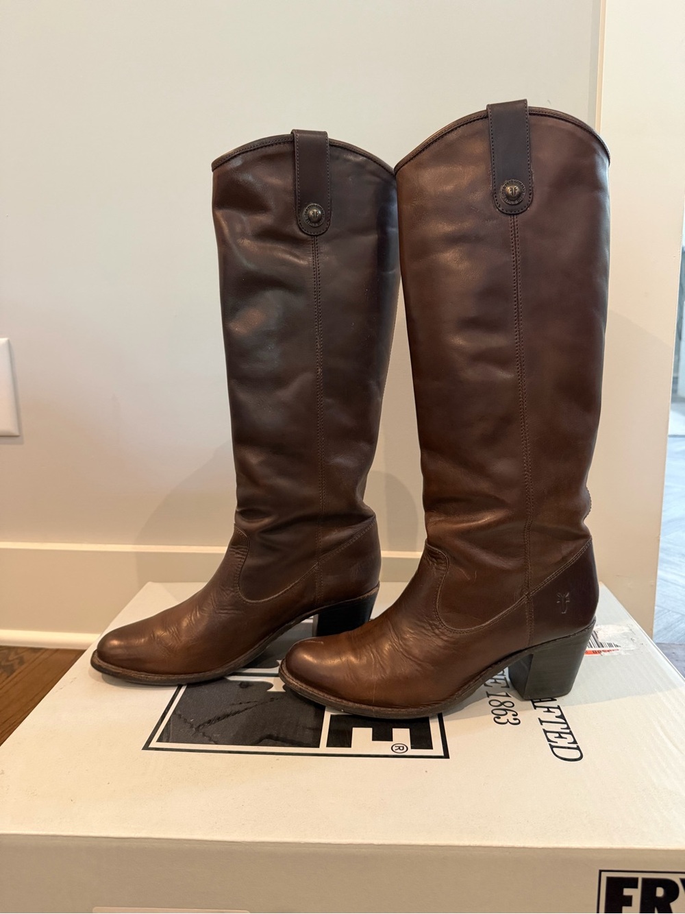 Frye Tall Brown Leather Pull-On Women's Heeled Boots